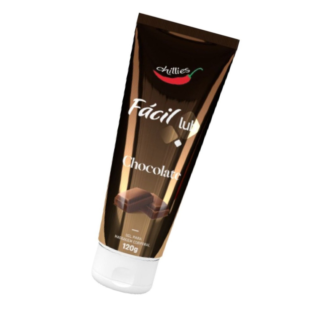 Gel Lubrificante Beij�vel Sabor Chocolate F�cil Lub 120g em vista diagonal, mostrando o design do tubo e as informa��es.