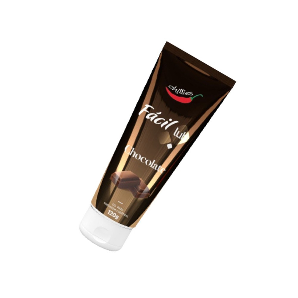 Gel Lubrificante Beij�vel Sabor Chocolate F�cil Lub 120g com luz e sombra que real�am a embalagem met�lica.