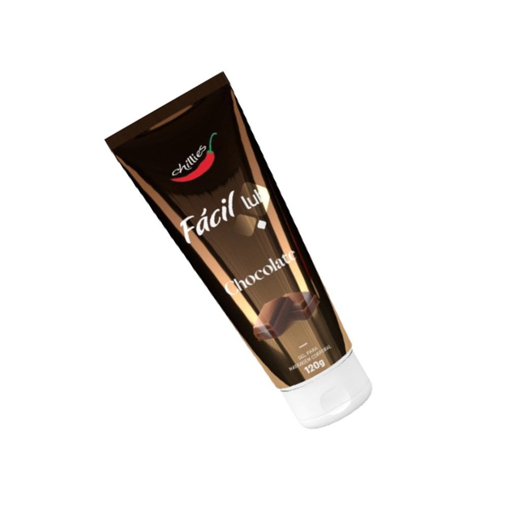 Gel Lubrificante Beij�vel Sabor Chocolate F�cil Lub 120g com �ngulo que demonstra a curvatura da embalagem e o destaque do sabor.
