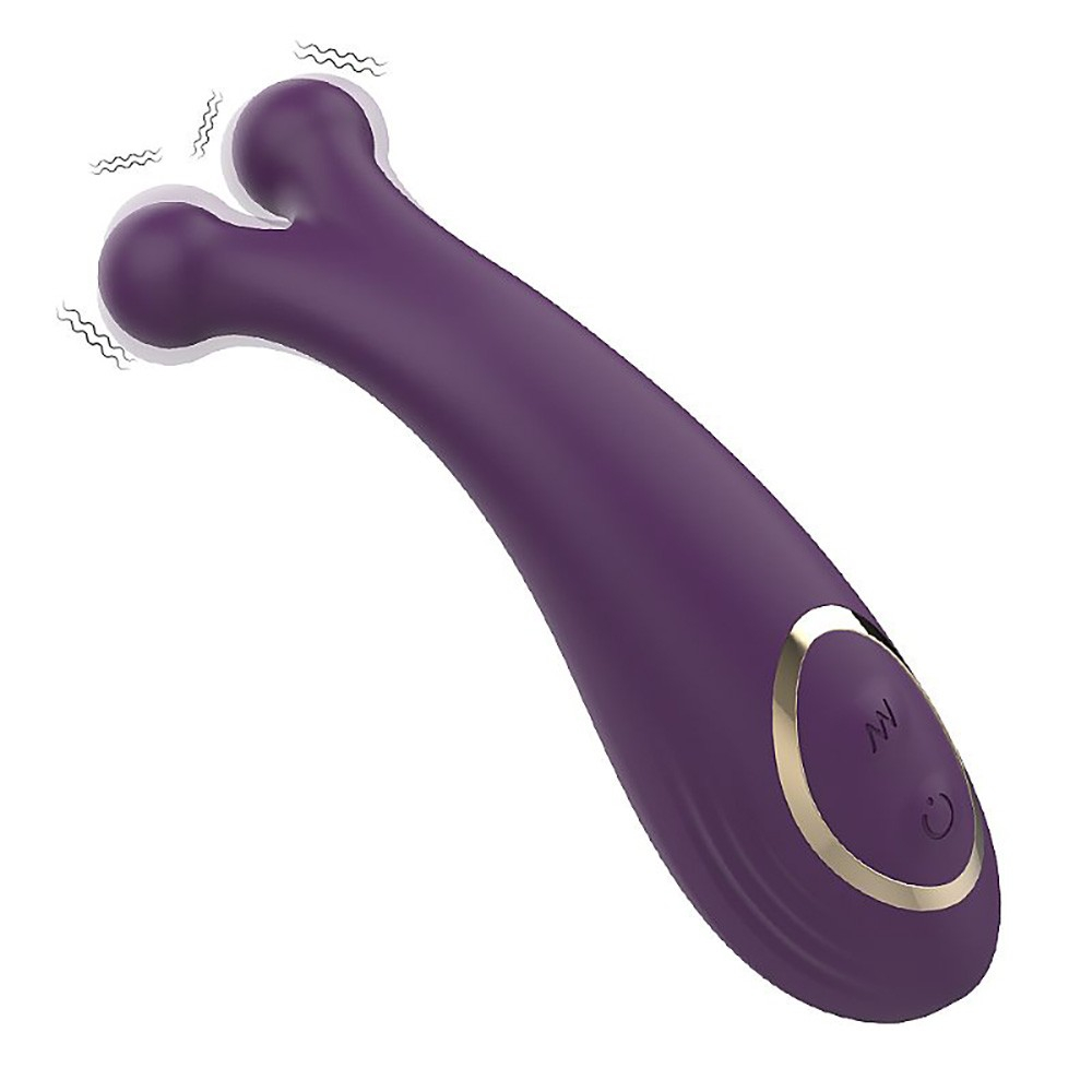 Vista frontal do vibrador roxo de silicone, detalhando as duas pontas massageadoras e painel de controle
