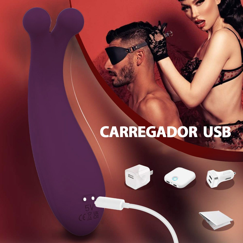  Vista em close do vibrador roxo, com foco no painel de controle de vibra��o e bot�o de ligar/desligar