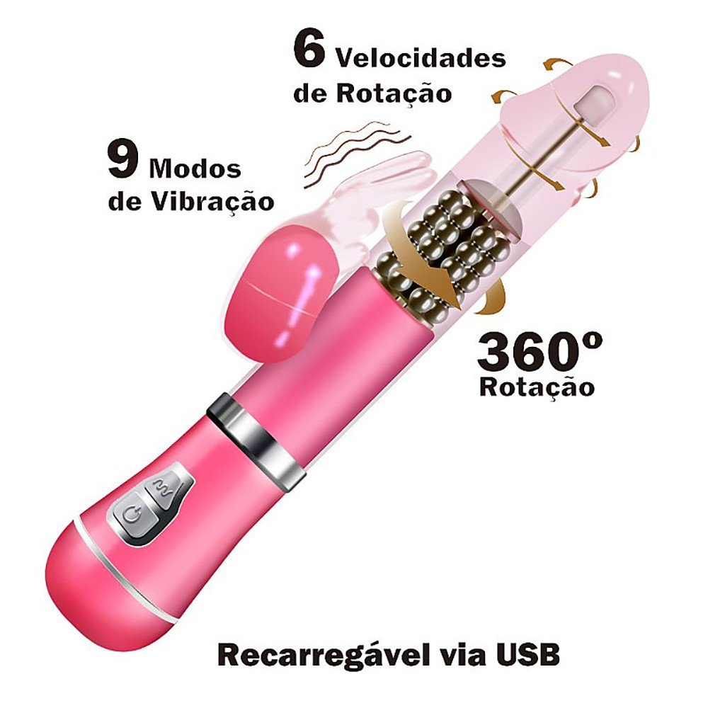 Vibrador Rabbit Recarregável com 9 Vibrações e 6 Rotações com Estimulador de Clitóris Coelho I Rosa | Foto 03
