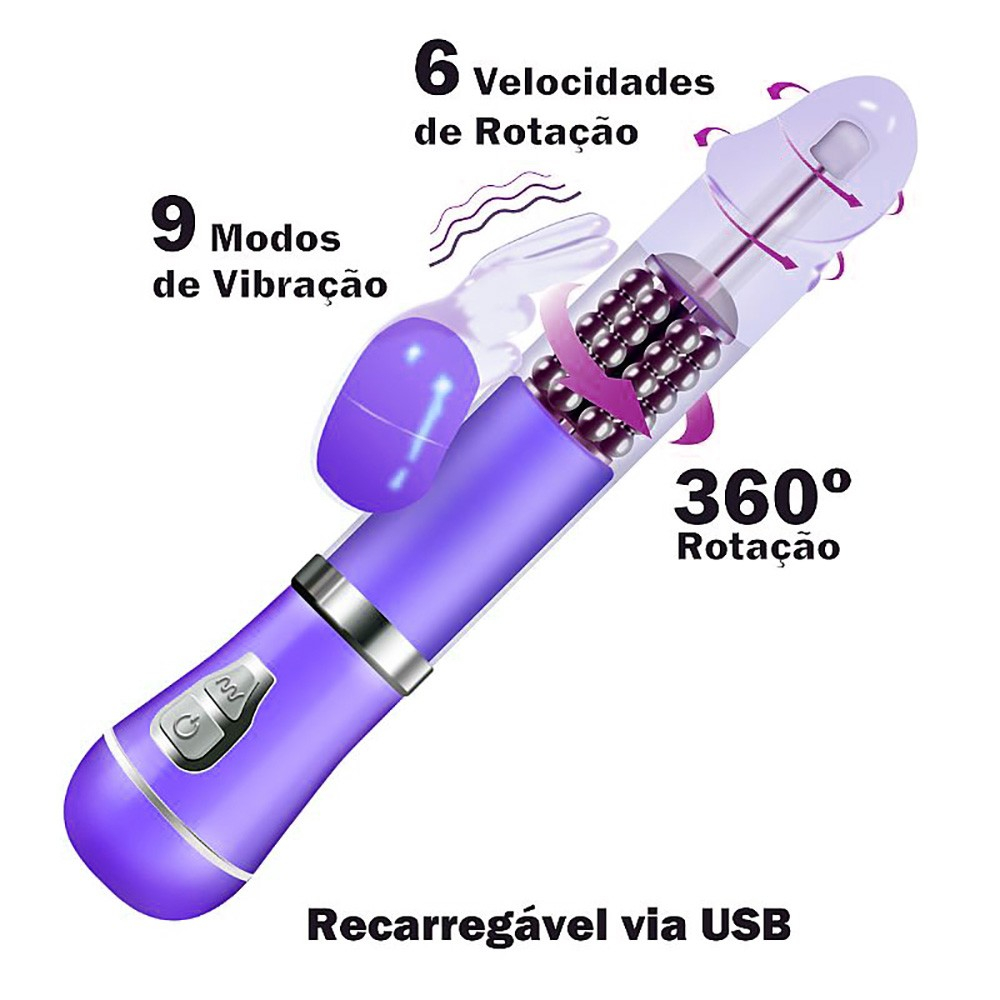 Vibrador Rabbit Recarreg�vel Roxo com 9 Vibra��es e 6 Rota��es - detalhes gr�ficos das 9 vibra��es, 6 rota��es e recarga USB