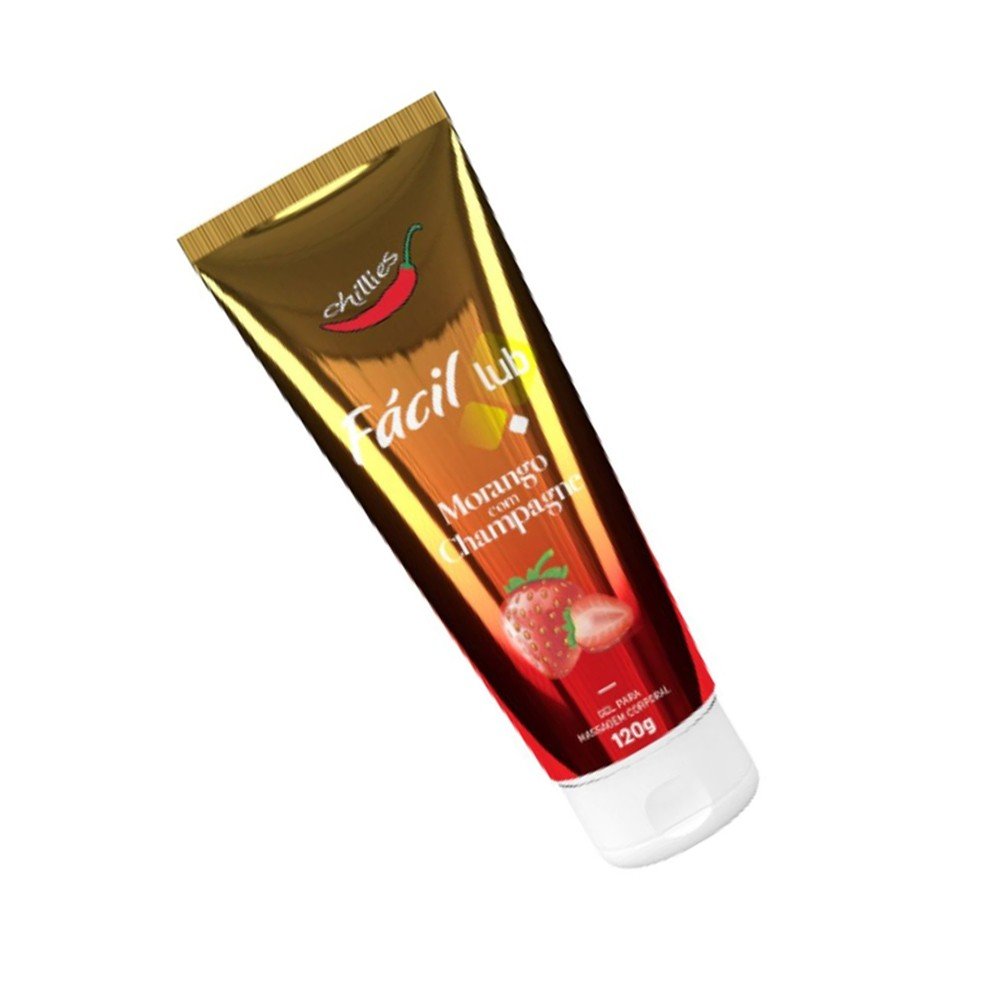 Gel Lubrificante Beij�vel Sabor Morango com Champanhe F�cil Lub 120g em vista frontal, destacando a embalagem sem inclina��o