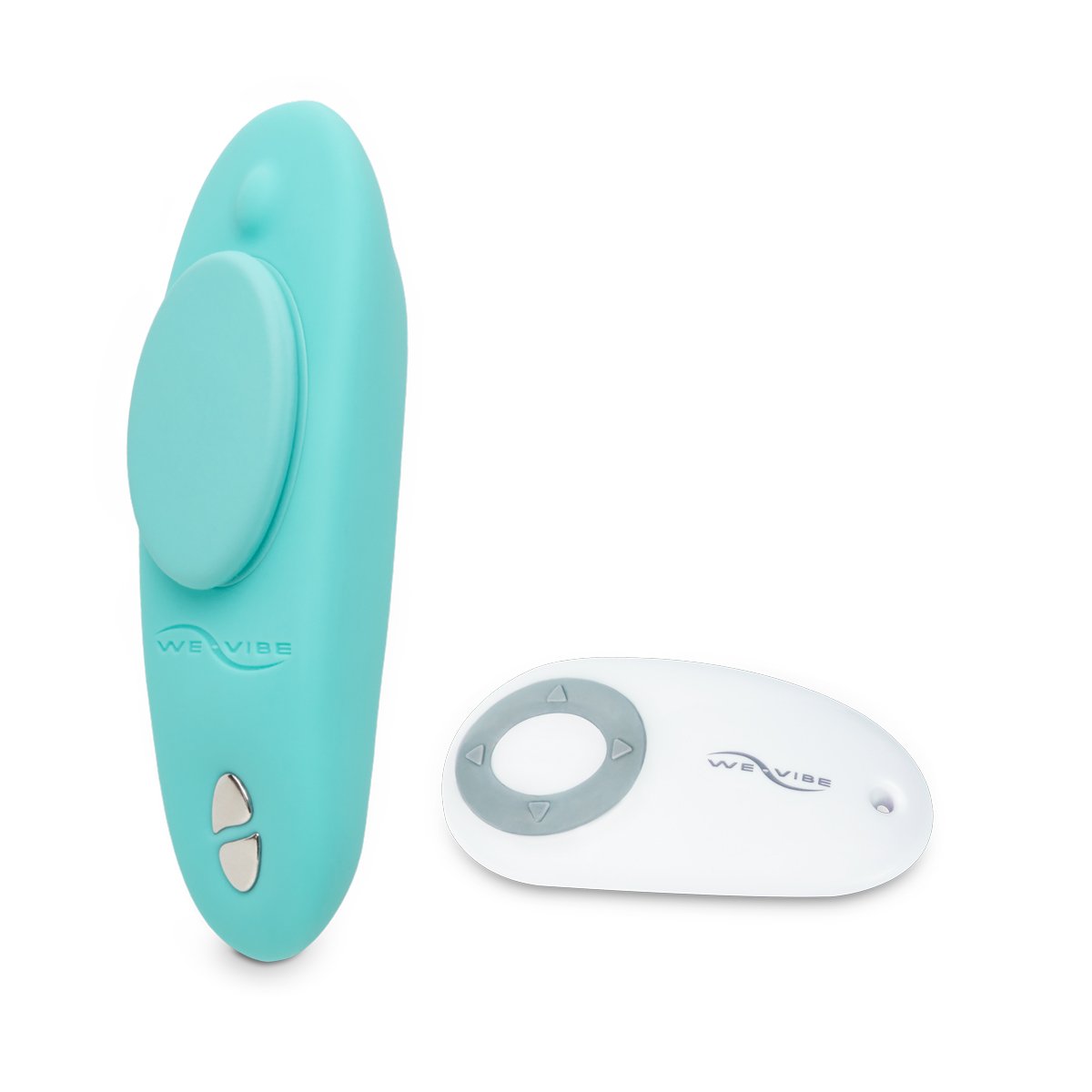 Vibrador para Clit�ris Moxie by We-Vibe Cyan e controle remoto branco em fundo branco