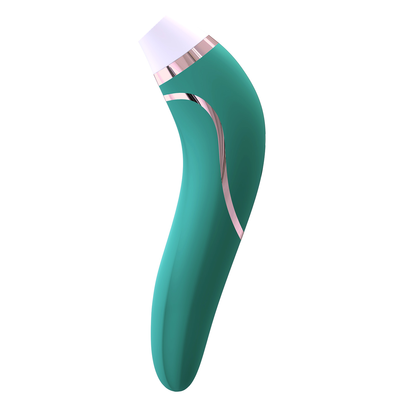 Vibrador para Clit�ris Plus Sensevibe em Silicone Cyan, vista lateral com detalhes em ros� gold.