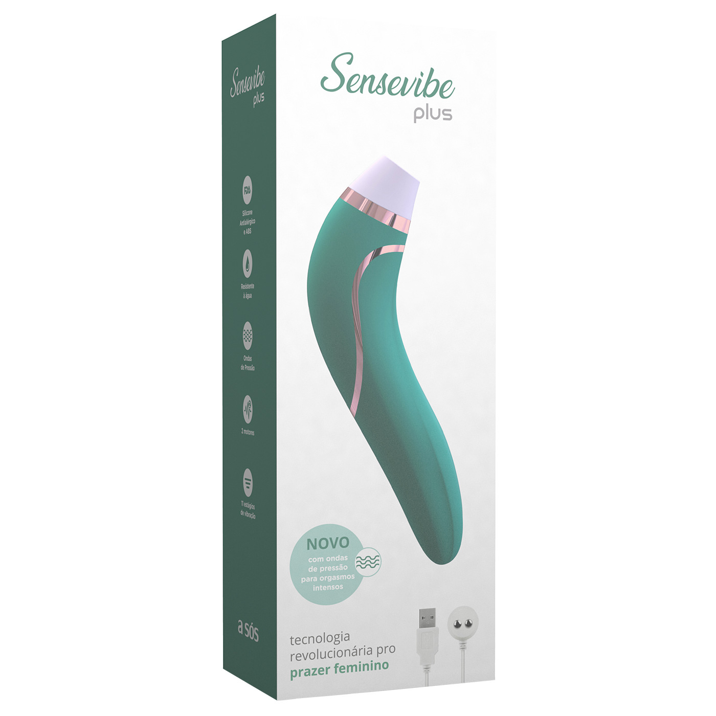Embalagem do Vibrador para Clit�ris Sensevibe Plus, exibindo as caracter�sticas principais e a conex�o USB.