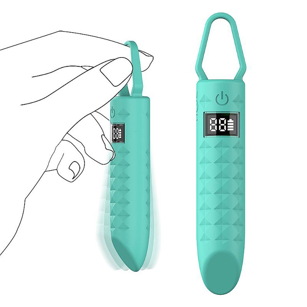 Vibrador Bullet Cyan sendo segurado na m�o, real�ando o tamanho compacto e o visor LED aceso