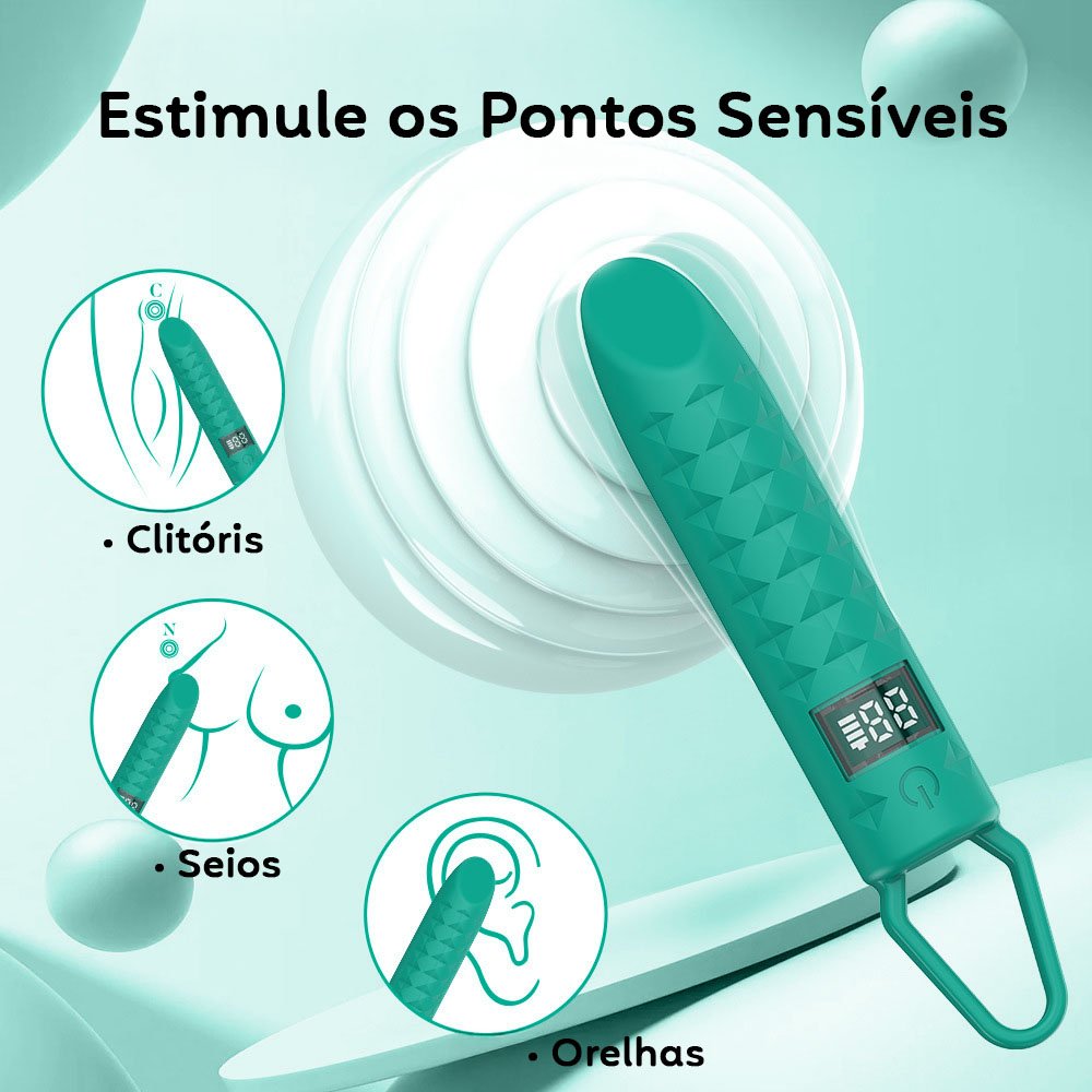 Vibrador Bullet Cyan em diferentes poses de uso na m�o, evidenciando o design moderno e o conforto