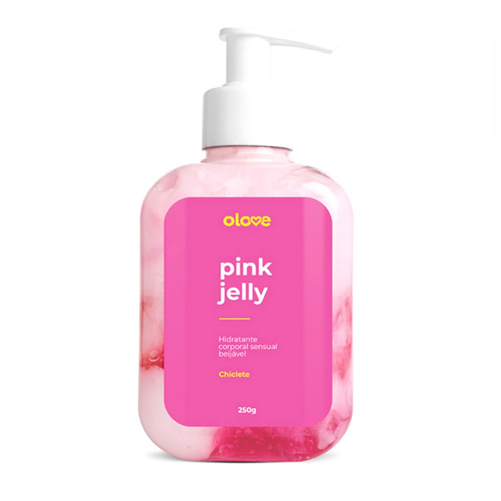 Frasco do Gel Hidratante Corporal Sensual Pink Jelly Sabor Chiclete 250ml em close-up, mostrando a textura do gel rosado marmorizado dentro do frasco