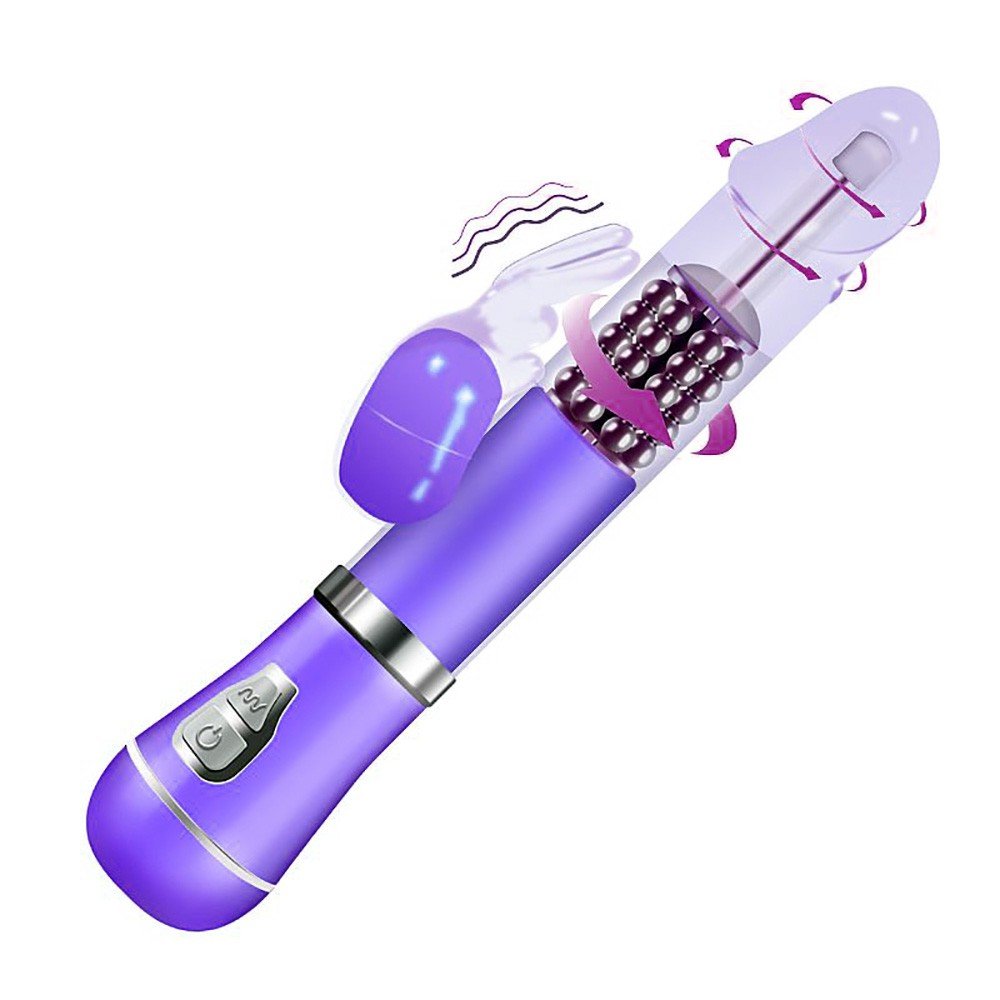 Vibrador Rabbit em Jelly Roxo em perspectiva, mostrando detalhes da rota��o 360 graus