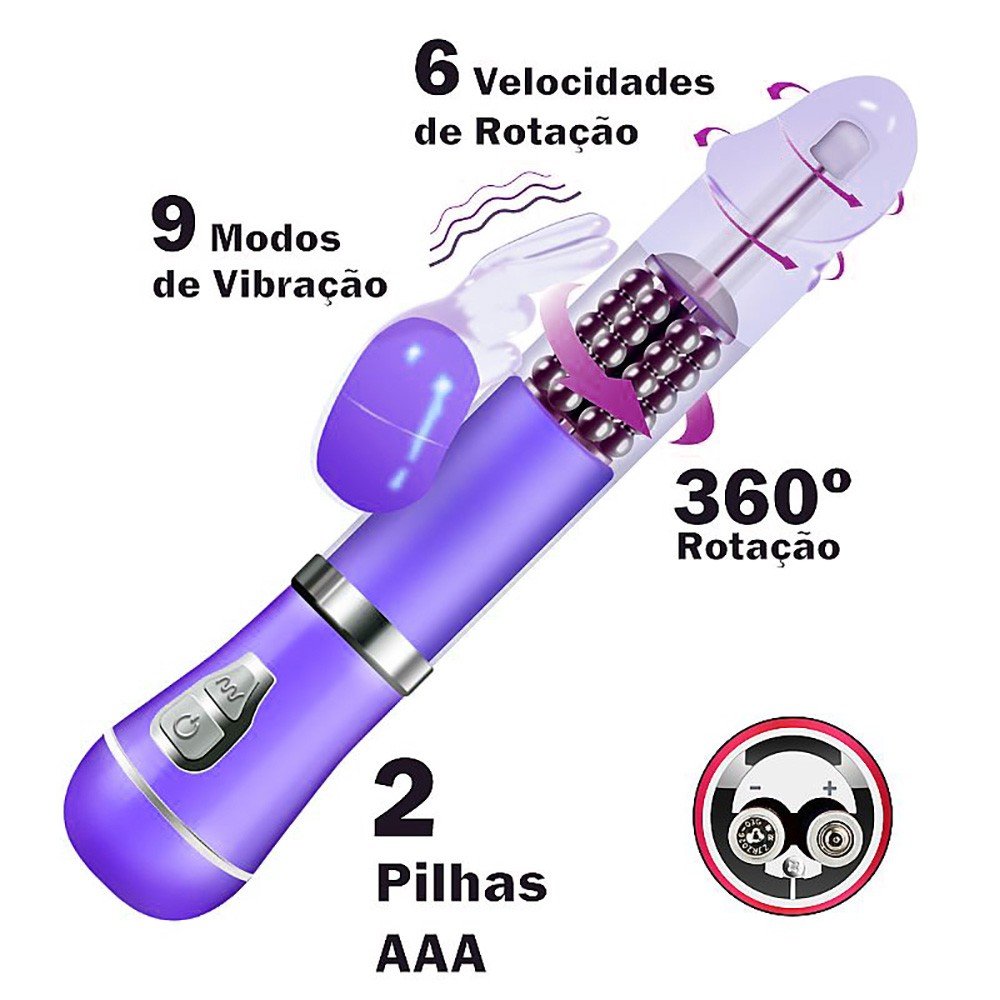Vibrador Rabbit em Jelly Roxo, vista geral com anota��es destacando as 9 vibra��es, 6 rota��es e uso de pilhas AAA