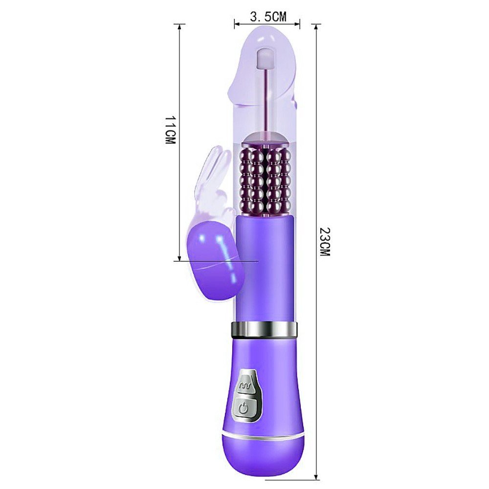 Vibrador Rabbit em Jelly Roxo, foco nos bot�es de controle de vibra��o e rota��o na base