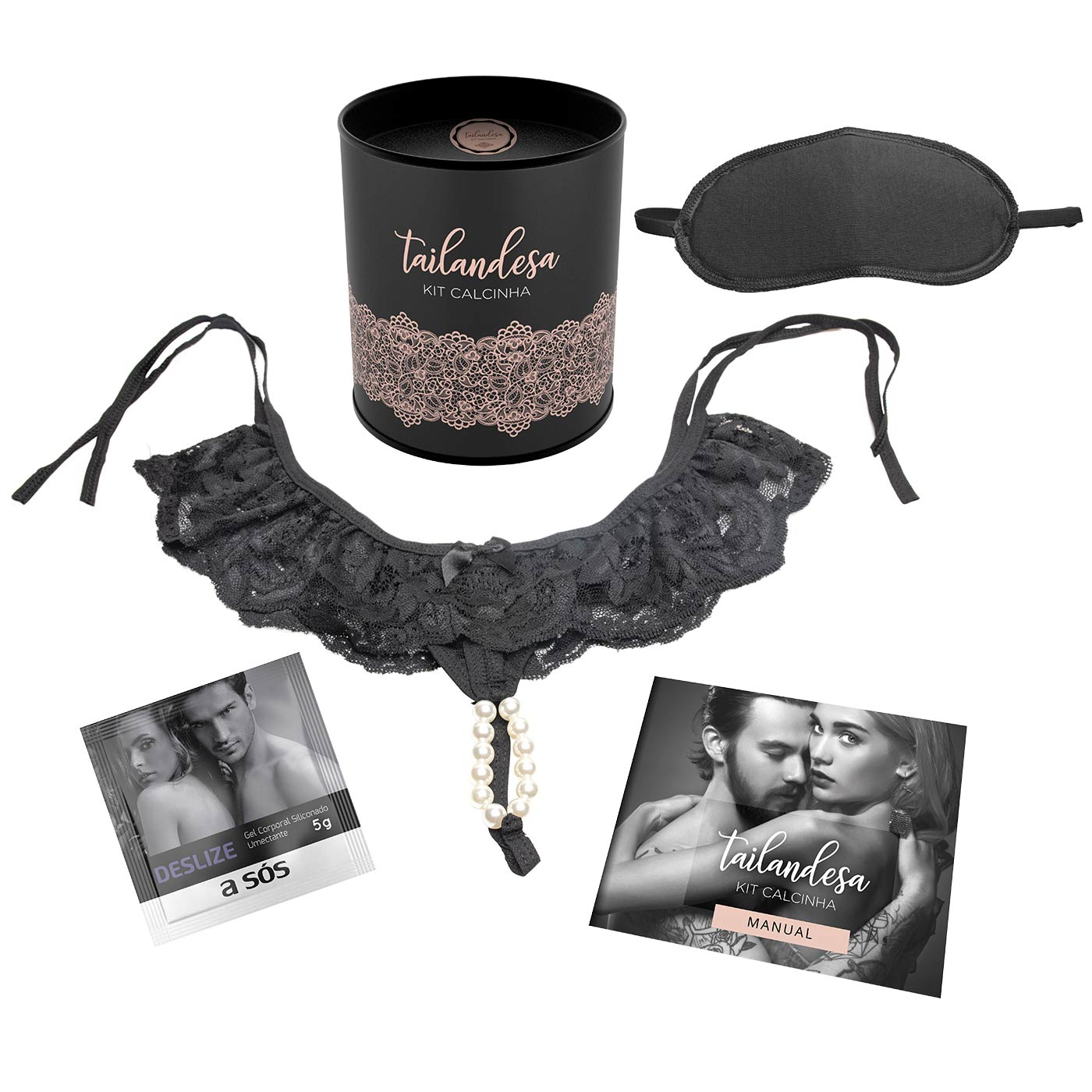 Vis�o frontal do Kit Calcinha Tailandesa Fio Dental Sexy P�rola Preto, incluindo a embalagem e acess�rios