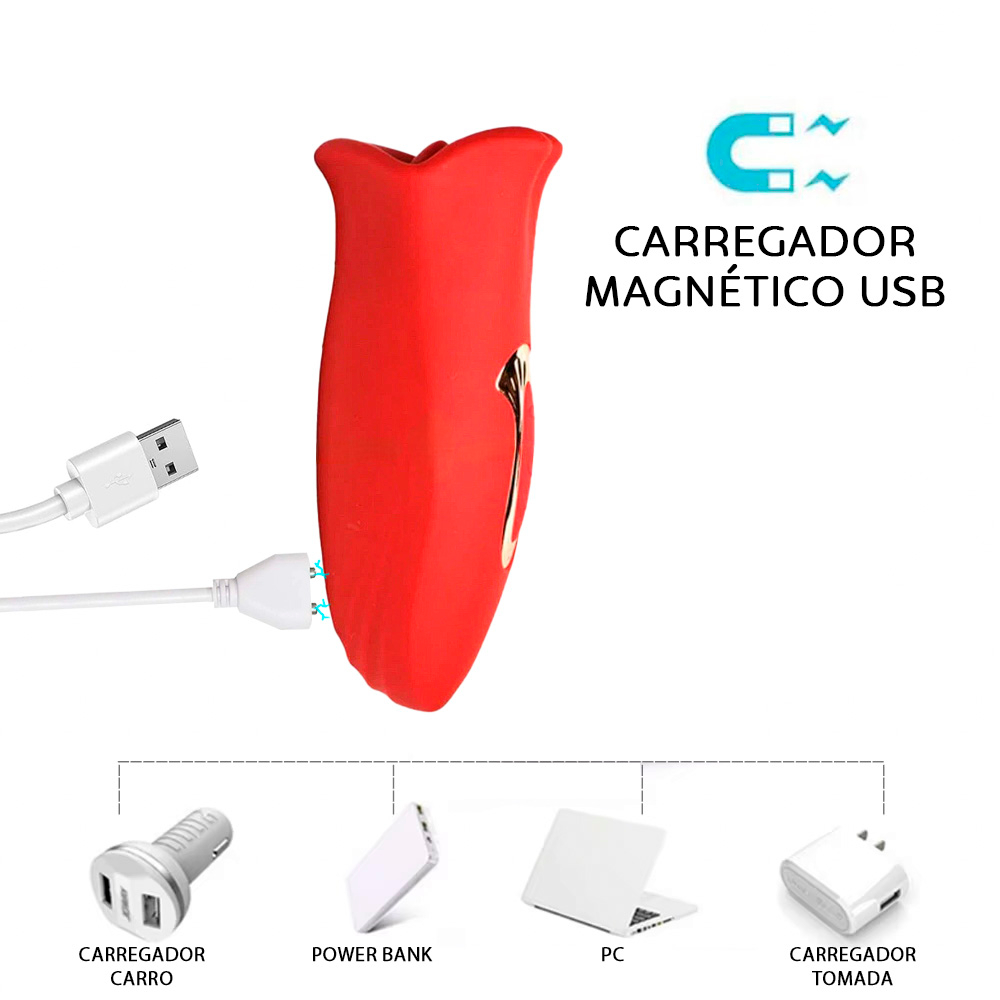 Pulsador de Clit�ris Recarreg�vel Magic Kiss Vermelho com foco no painel de controle e a boca succionadora