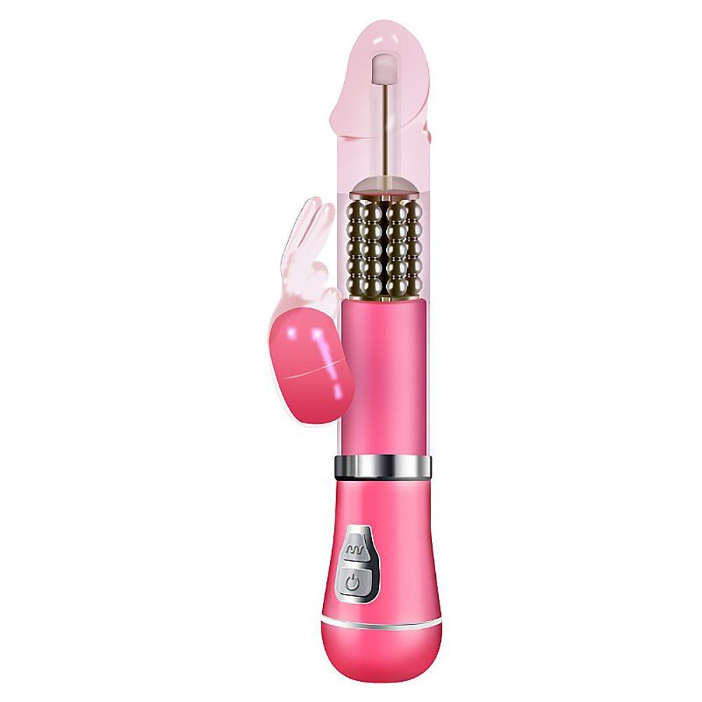 Vibrador Rabbit em Jelly com 9 Vibra��es e 6 Rota��es, Estimulador de Clit�ris e P�nis Rotativo, cor Rosa - Vista Frontal Detalhada