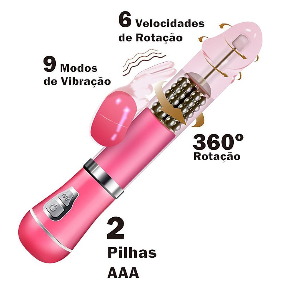 Vibrador Rabbit em Jelly com 9 Vibra��es e 6 Rota��es, cor Rosa - Ilustra��o dos 9 Modos de Vibra��o, 6 Velocidades de Rota��o 360� e Pilhas AAA