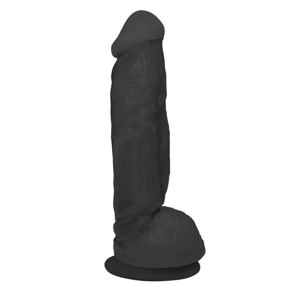 Vista lateral do P�nis Real�stico Feito em PVC Flex�vel com Escroto e Ventosa King 19 x 5cm Preto, evidenciando espessura, curvatura e propor��o do produto