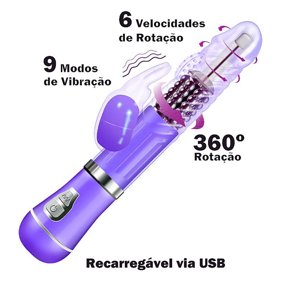 Destaque do Vibrador Rabbit II Roxo com texto informando '6 Velocidades de Rota��o' e '9 Modos de Vibra��o' e 'Recarreg�vel via USB'