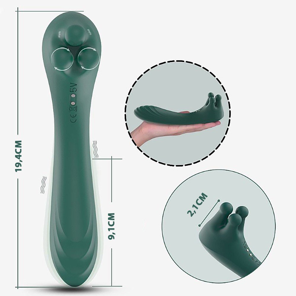 Vibrador Feminino Recarreg�vel Angel's Hand Verde mostrando especifica��es t�cnicas e certifica��es