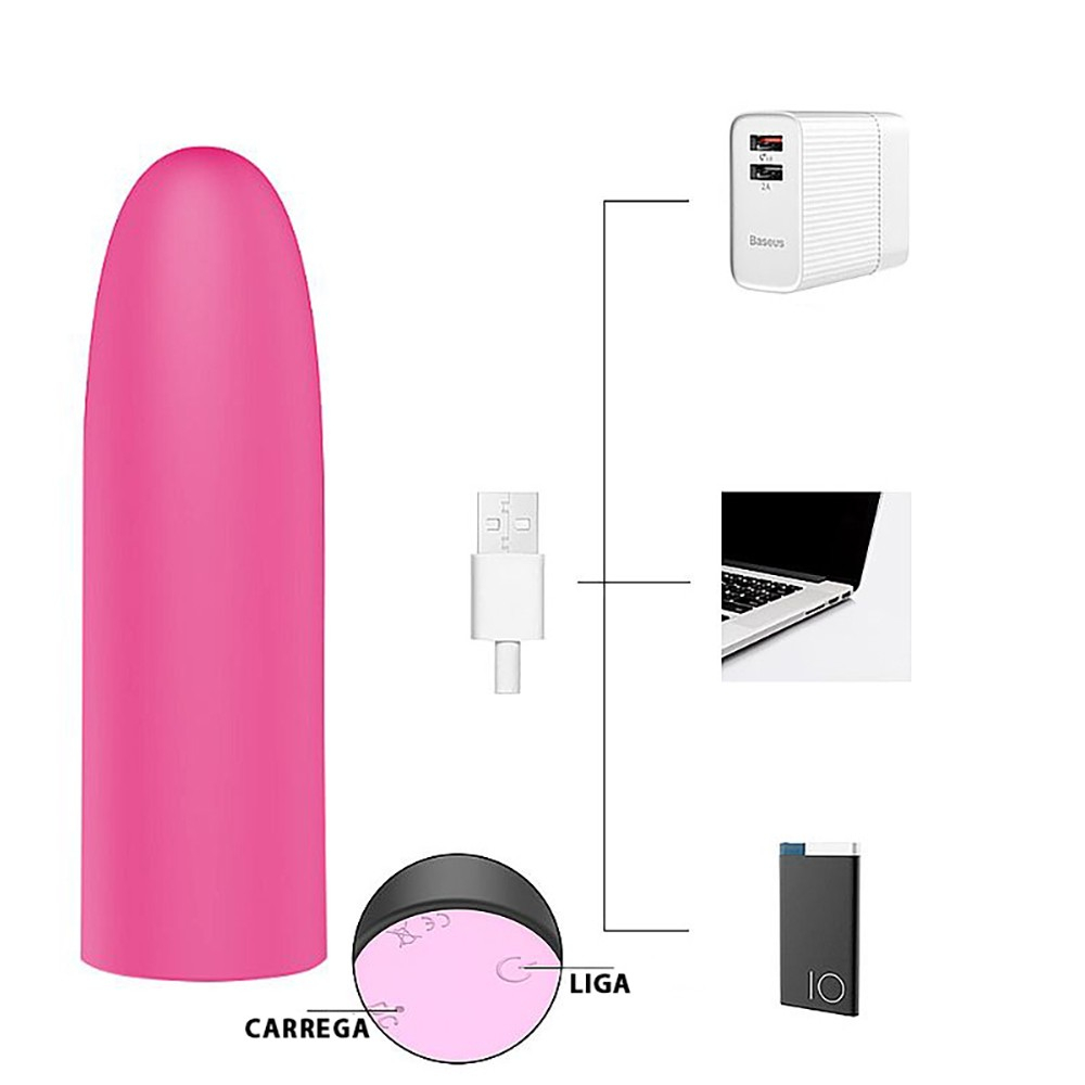Vibrador Bullet Recarreg�vel Jenny Pink - Imagem de corpo inteiro do vibrador, mostrando seu formato cil�ndrico