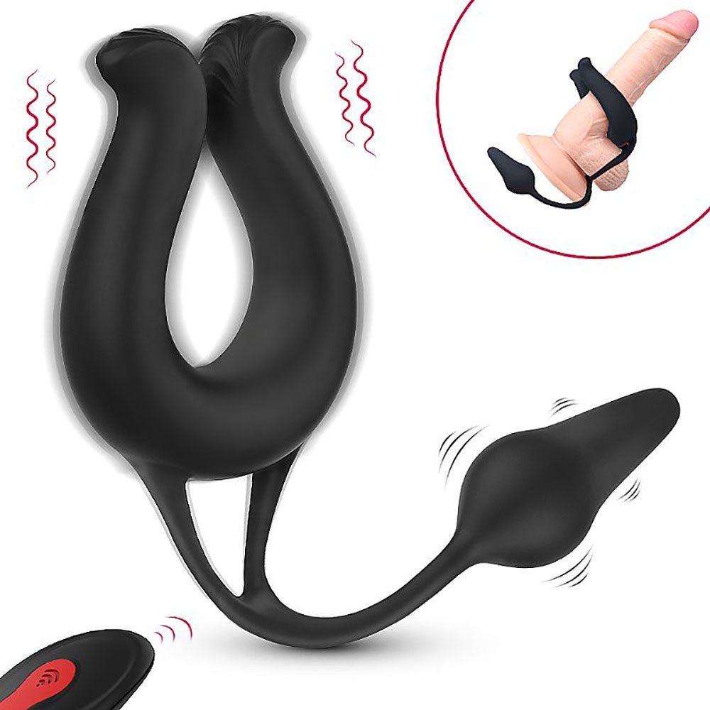 Anel Peniano em Silicone Recarregável com Plug Anal 9 Vibrações e Controle sem Fio Nicole Preto | Foto 02