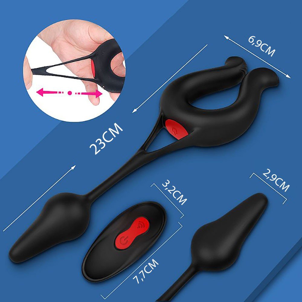 Anel Peniano em Silicone Recarregável com Plug Anal 9 Vibrações e Controle sem Fio Nicole Preto | Foto 06