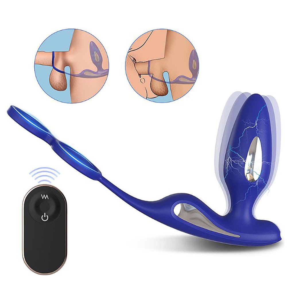 Plug Anal em Silicone Recarregável 9 Vibrações e Choque com Controle sem Fio Lightning Azul | Foto 01