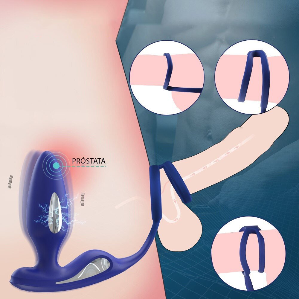 Plug Anal em Silicone Recarregável 9 Vibrações e Choque com Controle sem Fio Lightning Azul | Foto 03