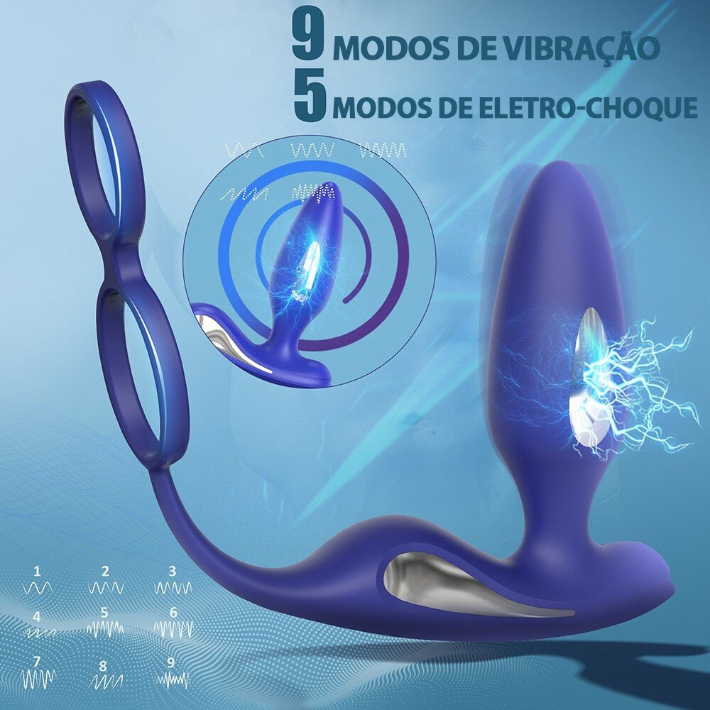 Plug Anal em Silicone Recarregável 9 Vibrações e Choque com Controle sem Fio Lightning Azul | Foto 04