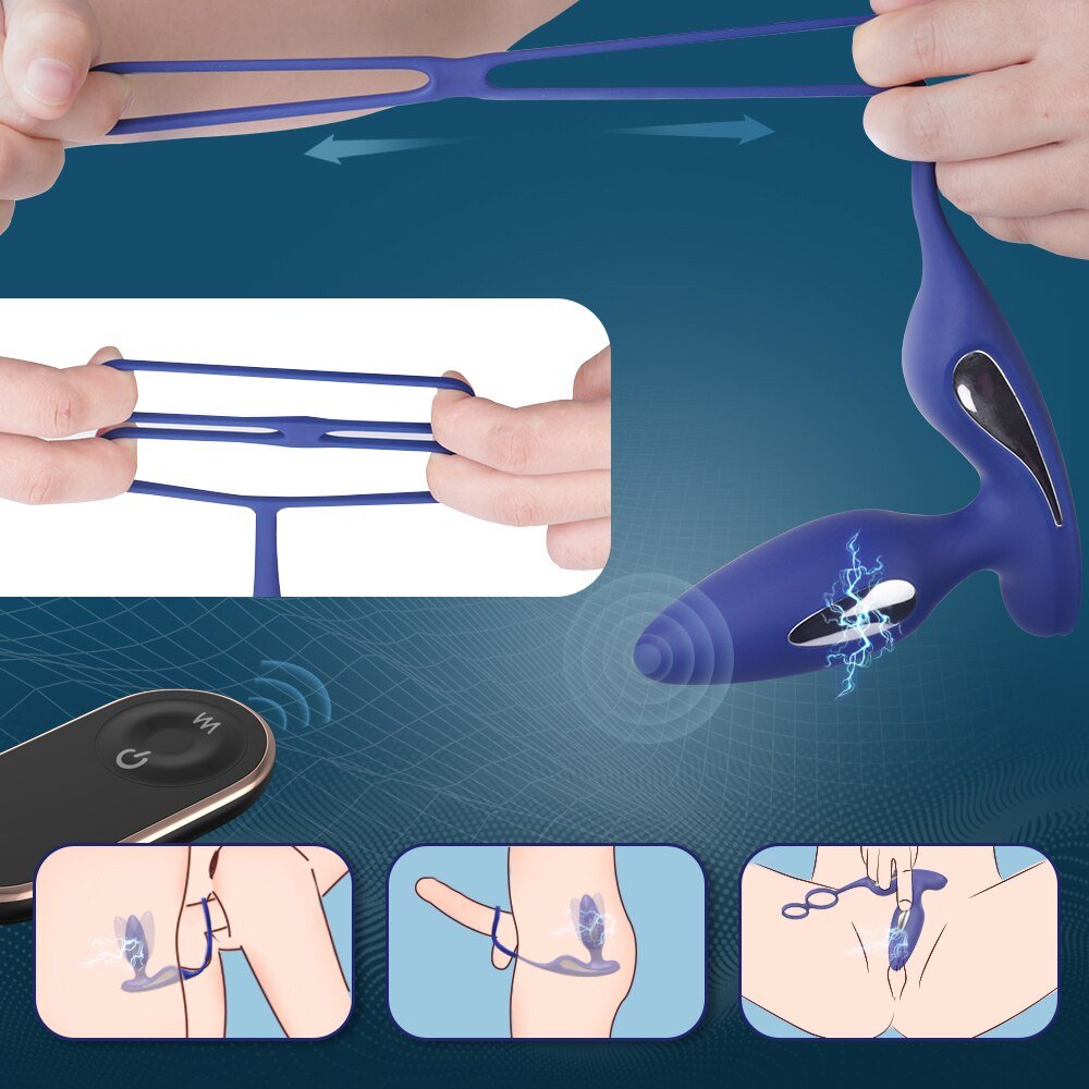 Plug Anal em Silicone Recarregável 9 Vibrações e Choque com Controle sem Fio Lightning Azul | Foto 05