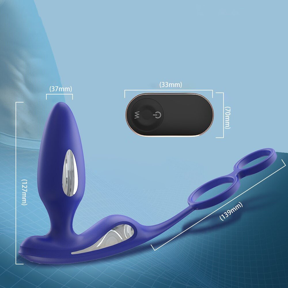 Plug Anal em Silicone Recarregável 9 Vibrações e Choque com Controle sem Fio Lightning Azul | Foto 06