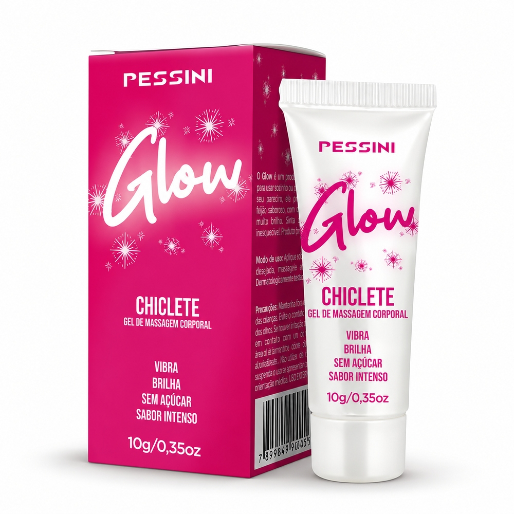 Vibrador L�quido Beij�vel Glow Sabor Chiclete 10g com embalagem rosa e tubo branco lado a lado