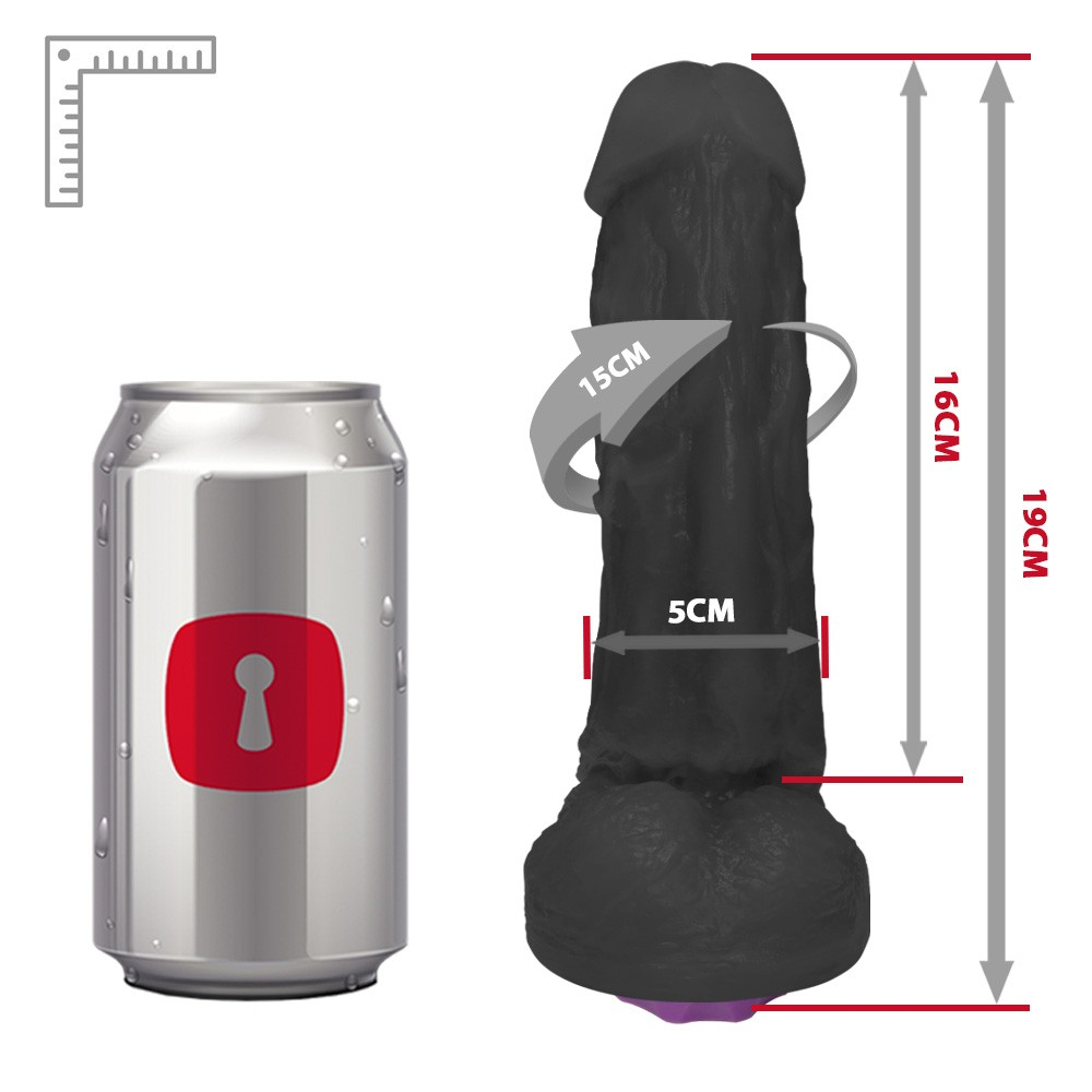 Vis�o geral do P�nis Real�stico com Escroto e Vibrador 10 Velocidades Recarreg�vel King Preto em perspectiva, evidenciando o realismo e acabamento