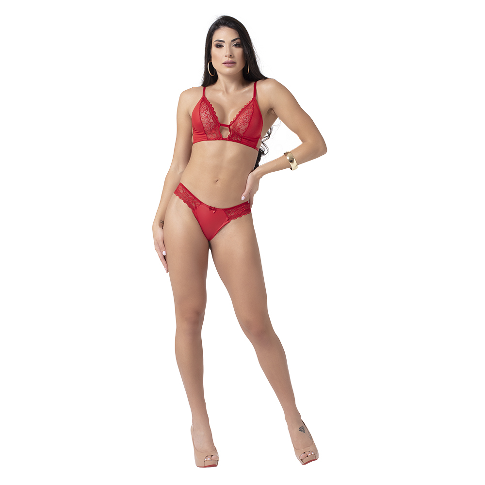 Conjunto Sensual Sexy em Cirr� e Renda sem Bojo Luany Vermelho - Vista frontal completa da modelo
