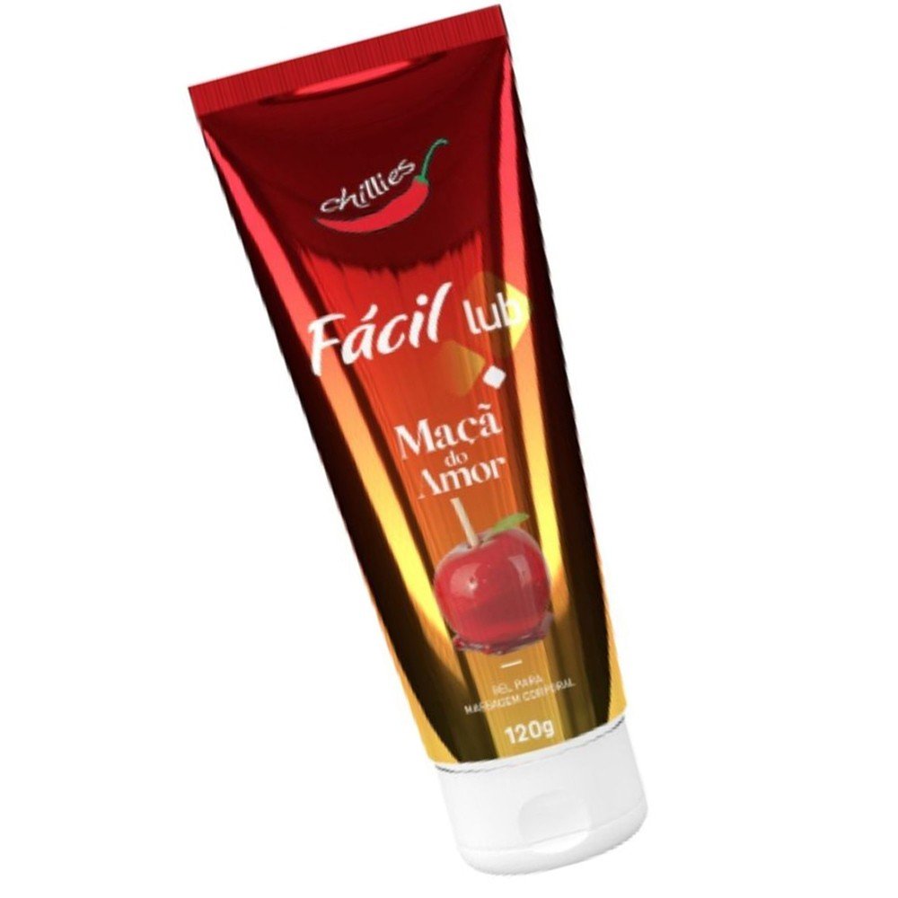 Gel Lubrificante Beij�vel Sabor Ma�� do Amor F�cil Lub 120g em �ngulo ligeiramente diferente, real�ando tipografia 'F�cil Lub' e 'Ma�� do Amor'.