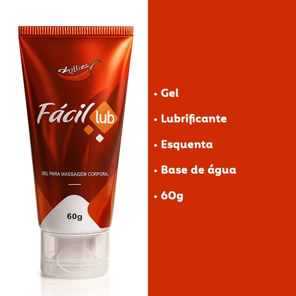 Informa��es sobre o Gel Lubrificante Hot F�cil Lub 60g: Gel, Lubrificante, Esquenta, Base d'�gua, 60g, ao lado do produto em fundo vermelho.