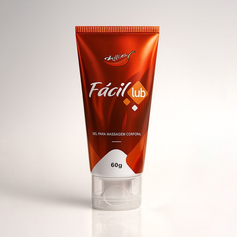 Gel Lubrificante Hot F�cil Lub 60g em sua embalagem, na cor vermelha, em fundo branco com reflexo.