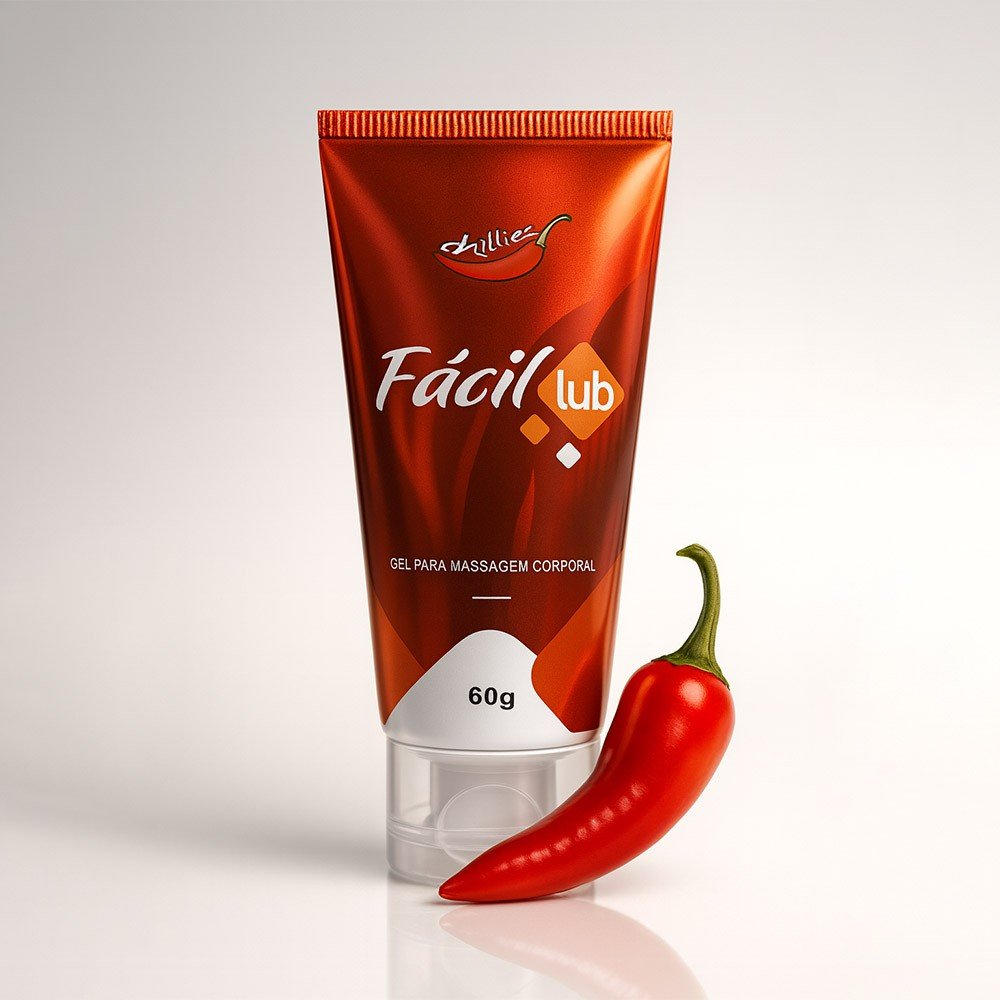 Gel Lubrificante Hot F�cil Lub 60g, em embalagem vermelha, com uma pimenta vermelha ao lado, em fundo branco.