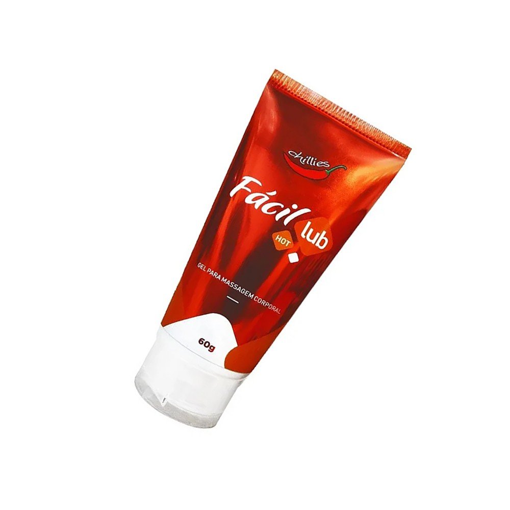 Duas embalagens do Gel Lubrificante Hot F�cil Lub 60g, na cor vermelha, em fundo branco, uma inclinada e outra em p�.