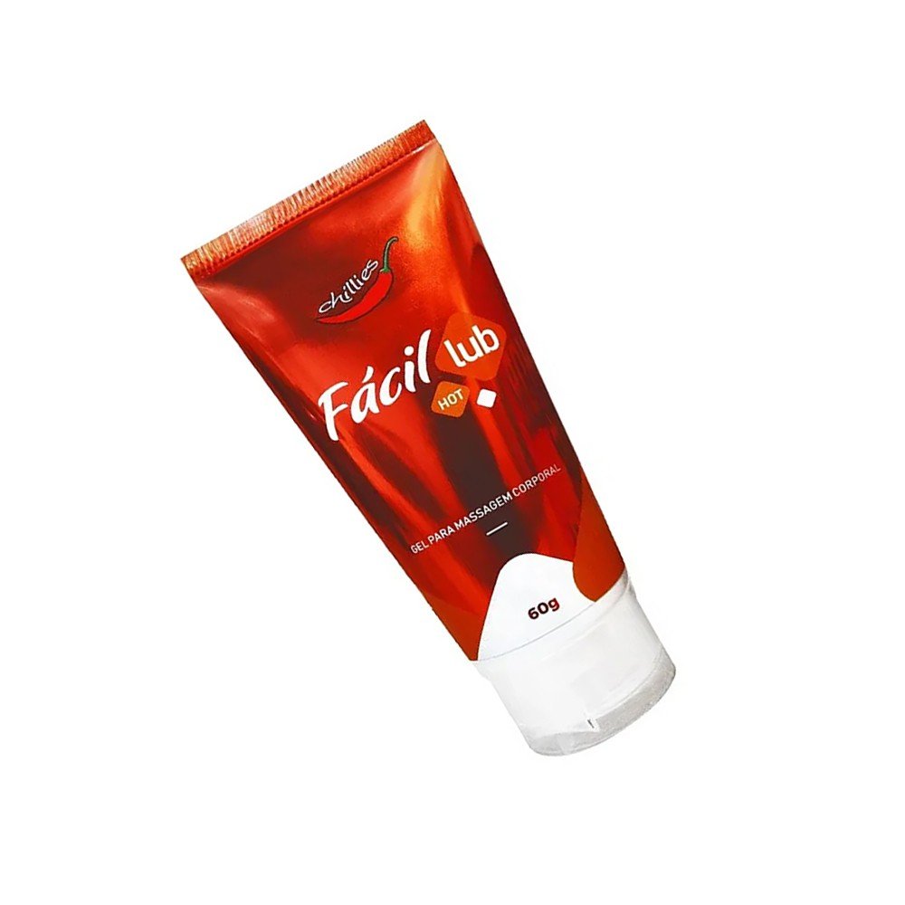Duas embalagens do Gel Lubrificante Hot F�cil Lub 60g, na cor vermelha, com uma pimenta vermelha ao lado, em fundo branco, iluminadas.