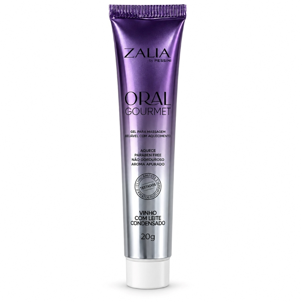 Embalagem do Gel para Sexo Oral Beij�vel Oral Gourmet Vinho com Leite Condensado 20g, com destaque para a marca Zalia by Pessini, cor roxa metalizada