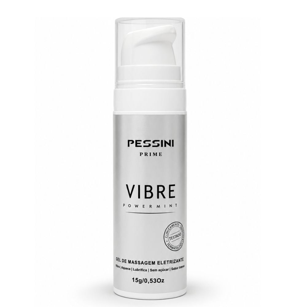 Frasco do Vibrador L�quido 3 em 1 Vibre Power Mint em destaque, mostrando r�tulo e detalhes do produto