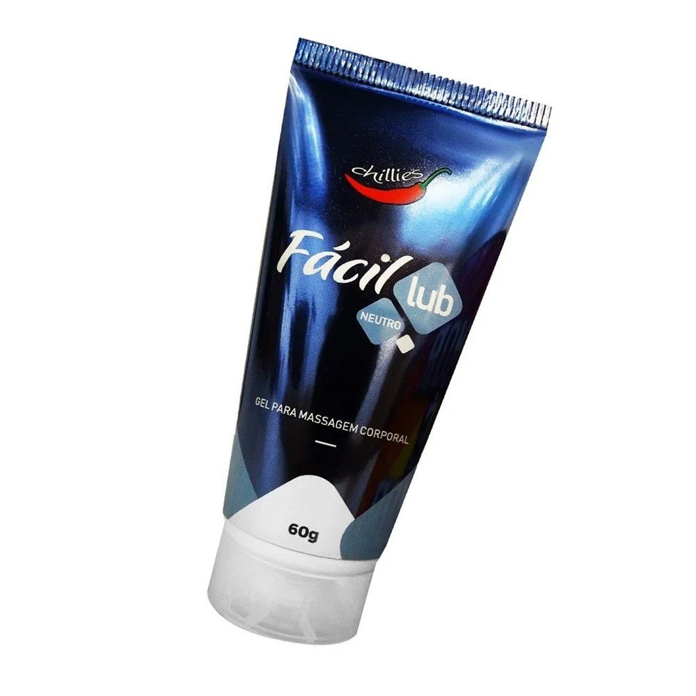 Gel Lubrificante Neutro F�cil Lub 60g em �ngulo, evidenciando o brilho da bisnaga e a tampa branca transparente, com a etiqueta de 60g vis�vel.