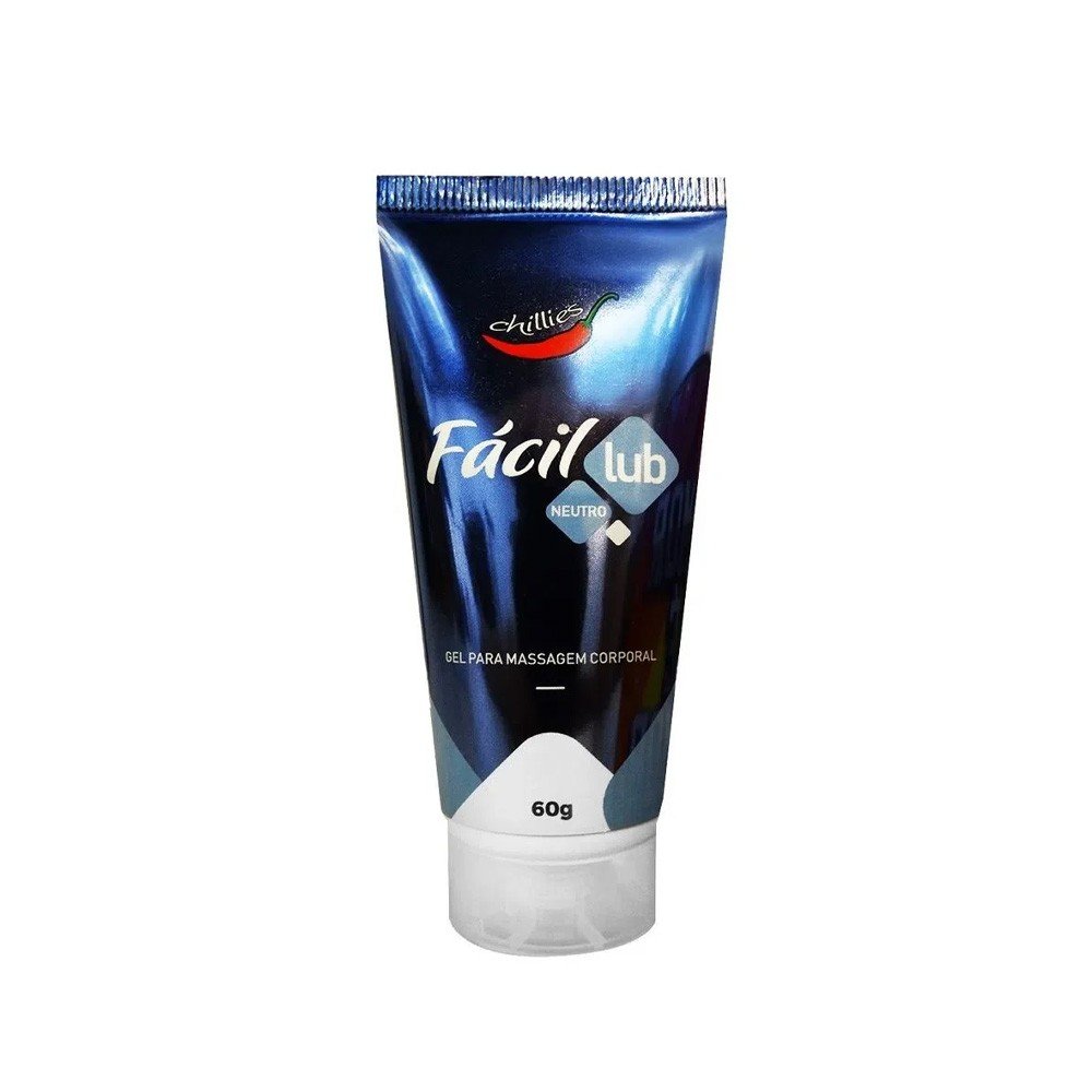 Gel Lubrificante Neutro F�cil Lub 60g em outra vista angular, com a superf�cie da bisnaga refletindo a luz e os detalhes do texto 'Chillies' e 'F�cil lub' n�tidos.