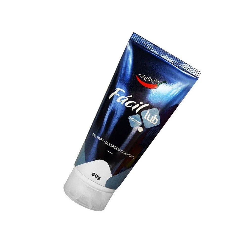 Gel Lubrificante Neutro F�cil Lub 60g em vista macro da parte inferior, detalhando a tampa na cor branca transl�cida, a bisnaga e informa��es de volume de 60g.