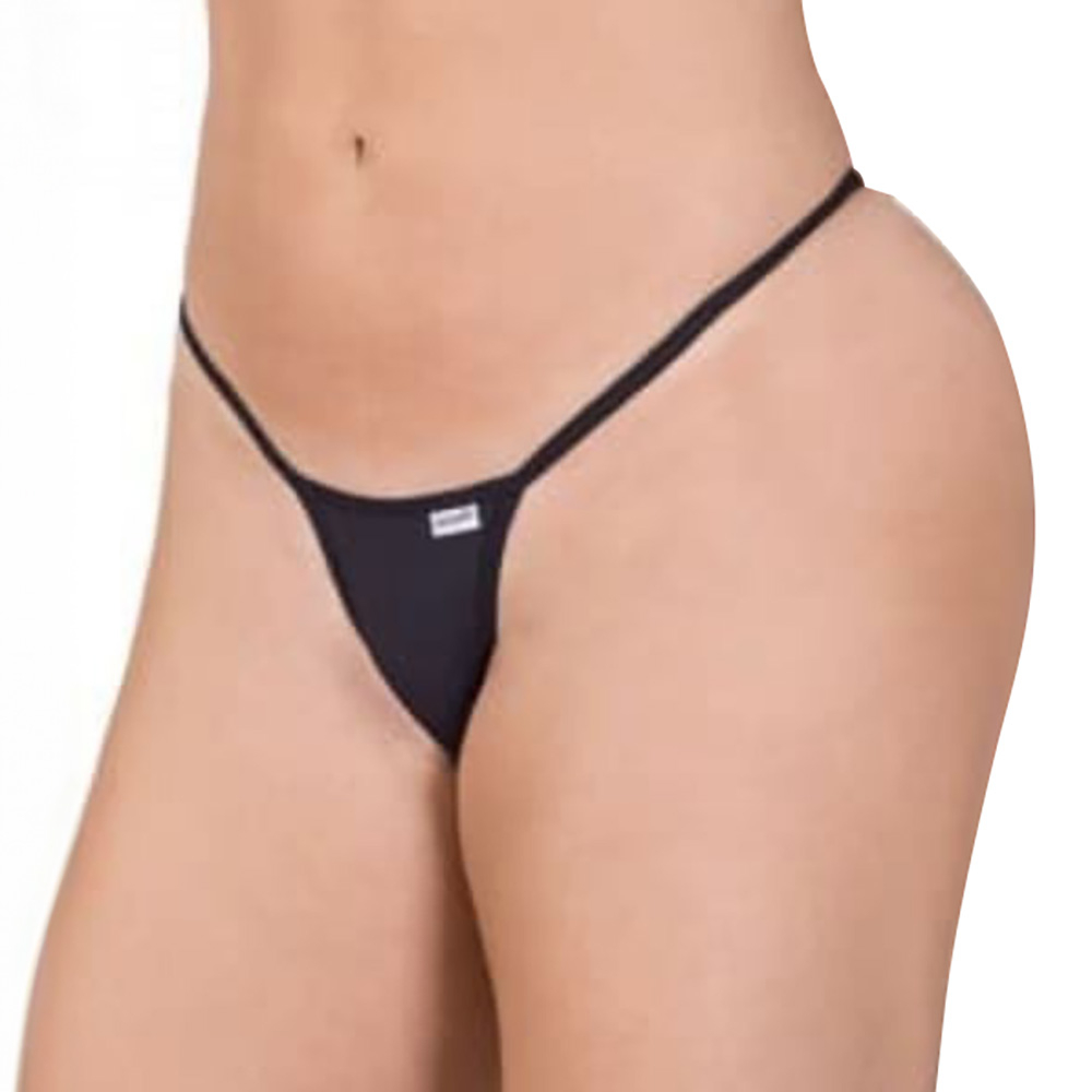 Detalhe aproximado da parte frontal da Calcinha String Fio Dental Sexy Tapa Sexo em Lycra Preta, real�ando o design 'tapa sexo'