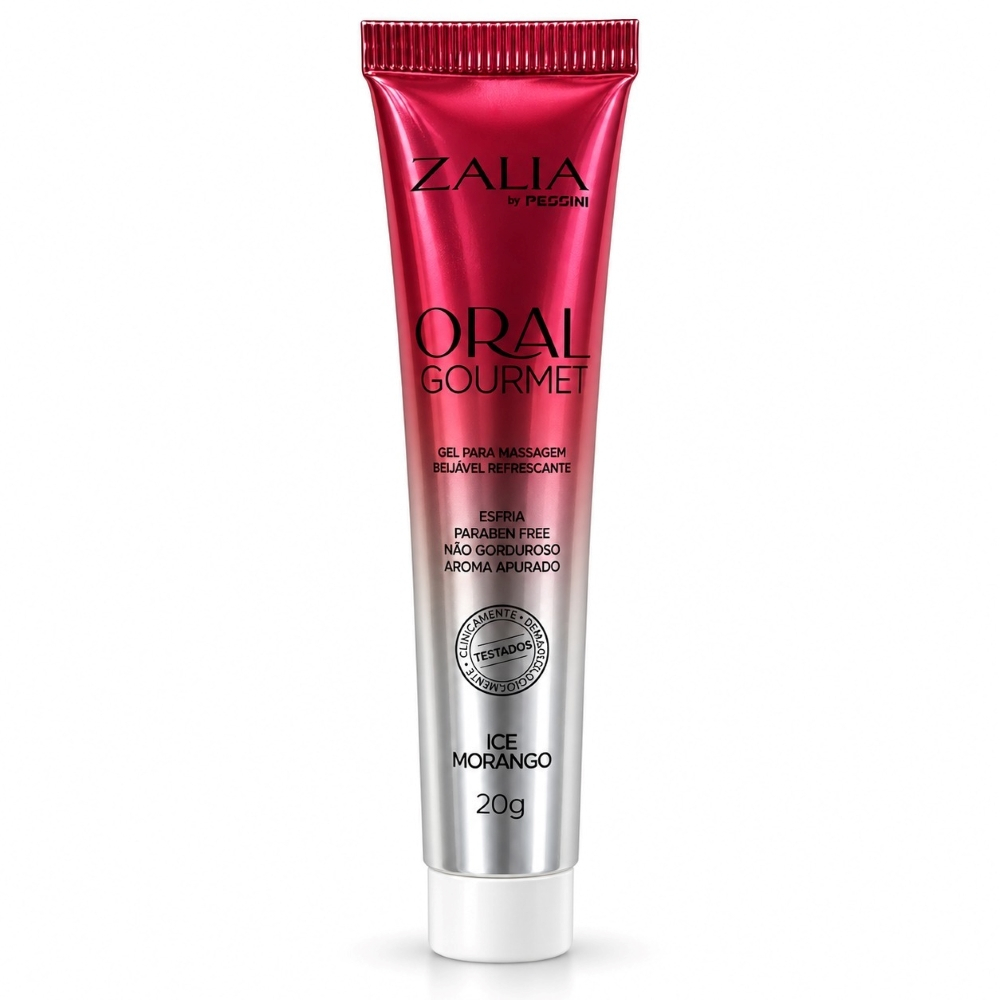 tubo de gel para sexo oral beij�vel e refrescante Oral Gourmet Morango Ice, destacando a embalagem vermelha e prateada e informa��es sobre o produto