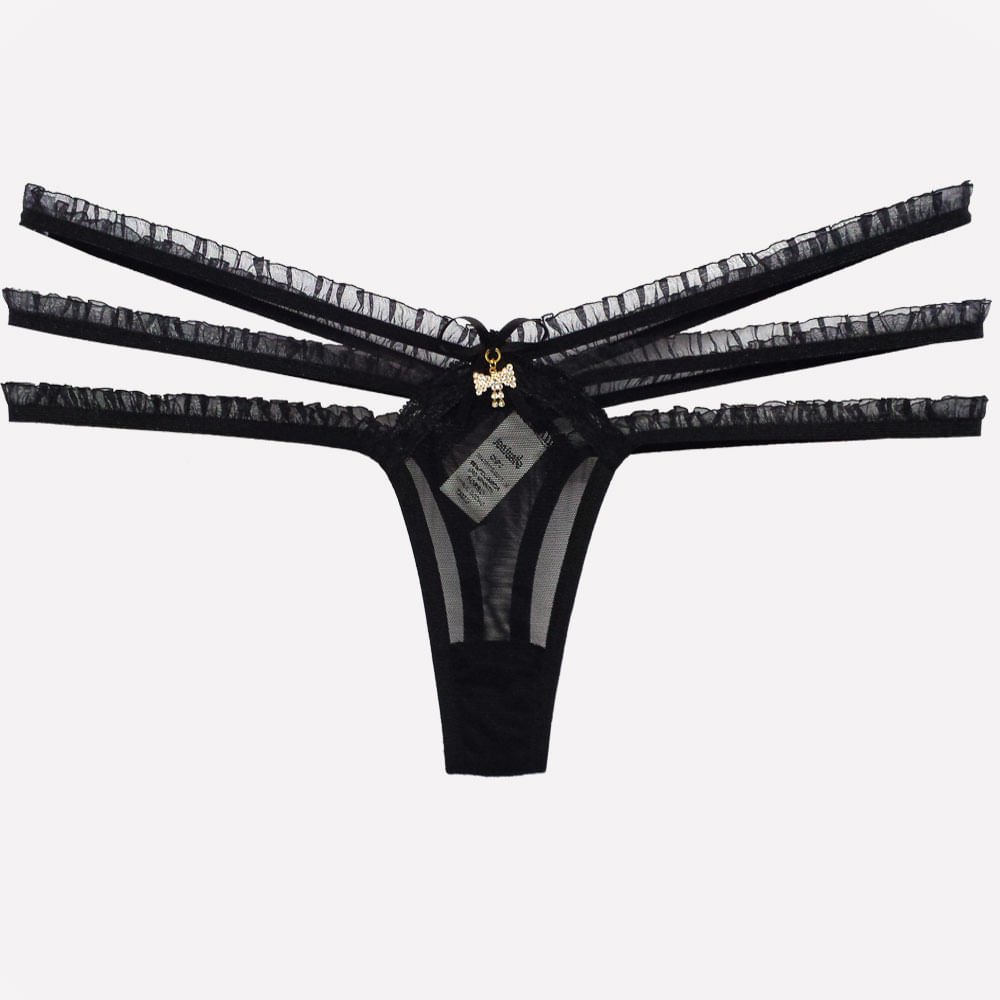 Calcinha Strappy Fio Dental Sexy em Tule Preta, vista da pe�a esticada, real�ando a estrutura e o material