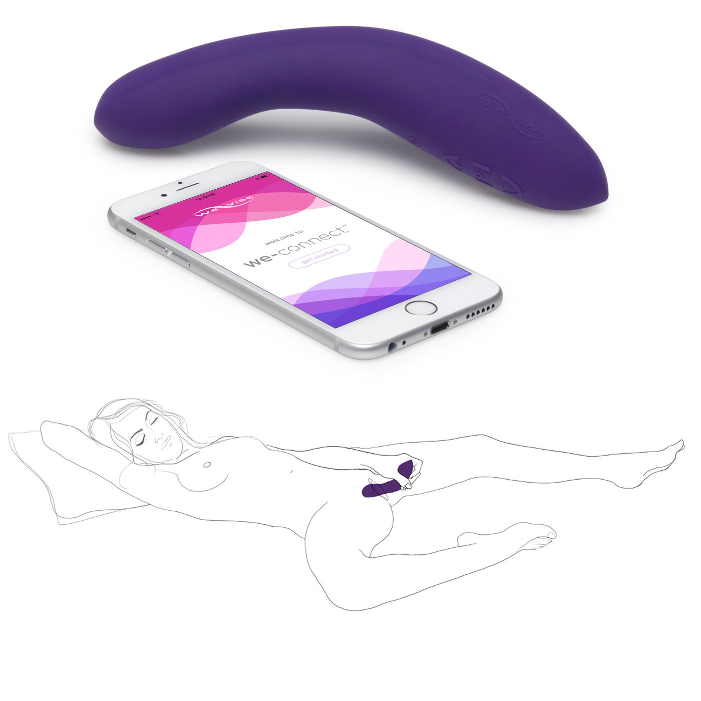 Vibrador Ponto G Rave Roxo, smartphone com aplicativo We-Connect e ilustra��o de como usar o vibrador no corpo